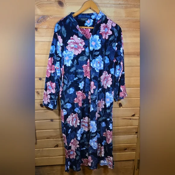 Miss Elaine Housecoat Velour Plush Full Zip Blue Floral Pockets Large Grandma - Picture 2 of 6